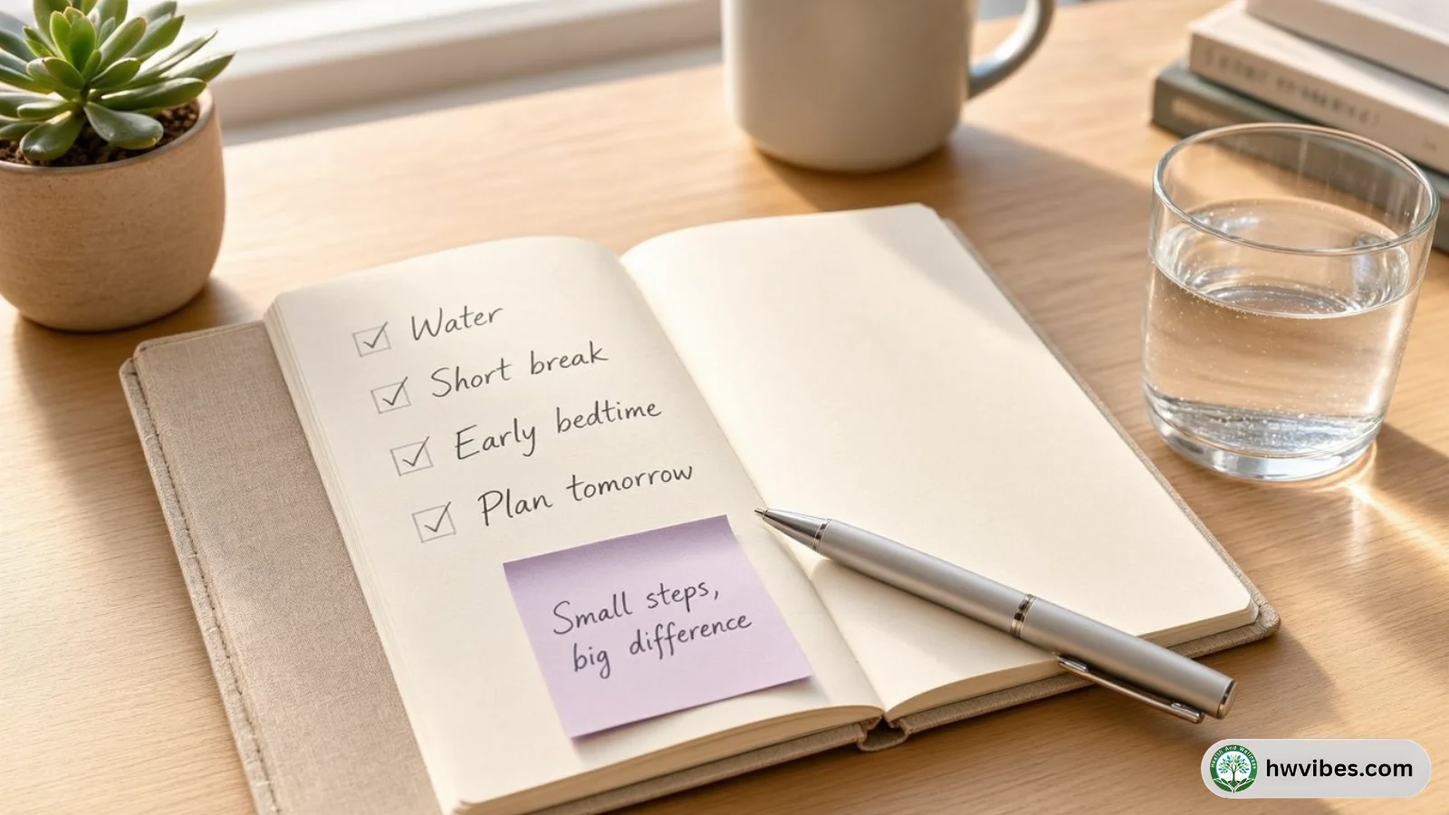 Notebook checklist with simple routine reminders like water, breaks, and sleep
