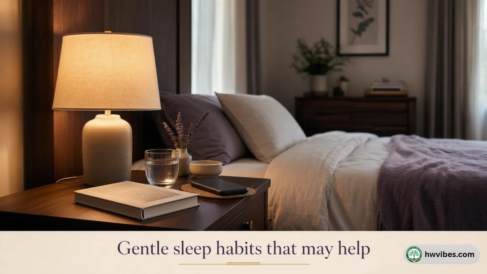 Bedroom scene with dim lamp, book, and calm bedtime routine setup