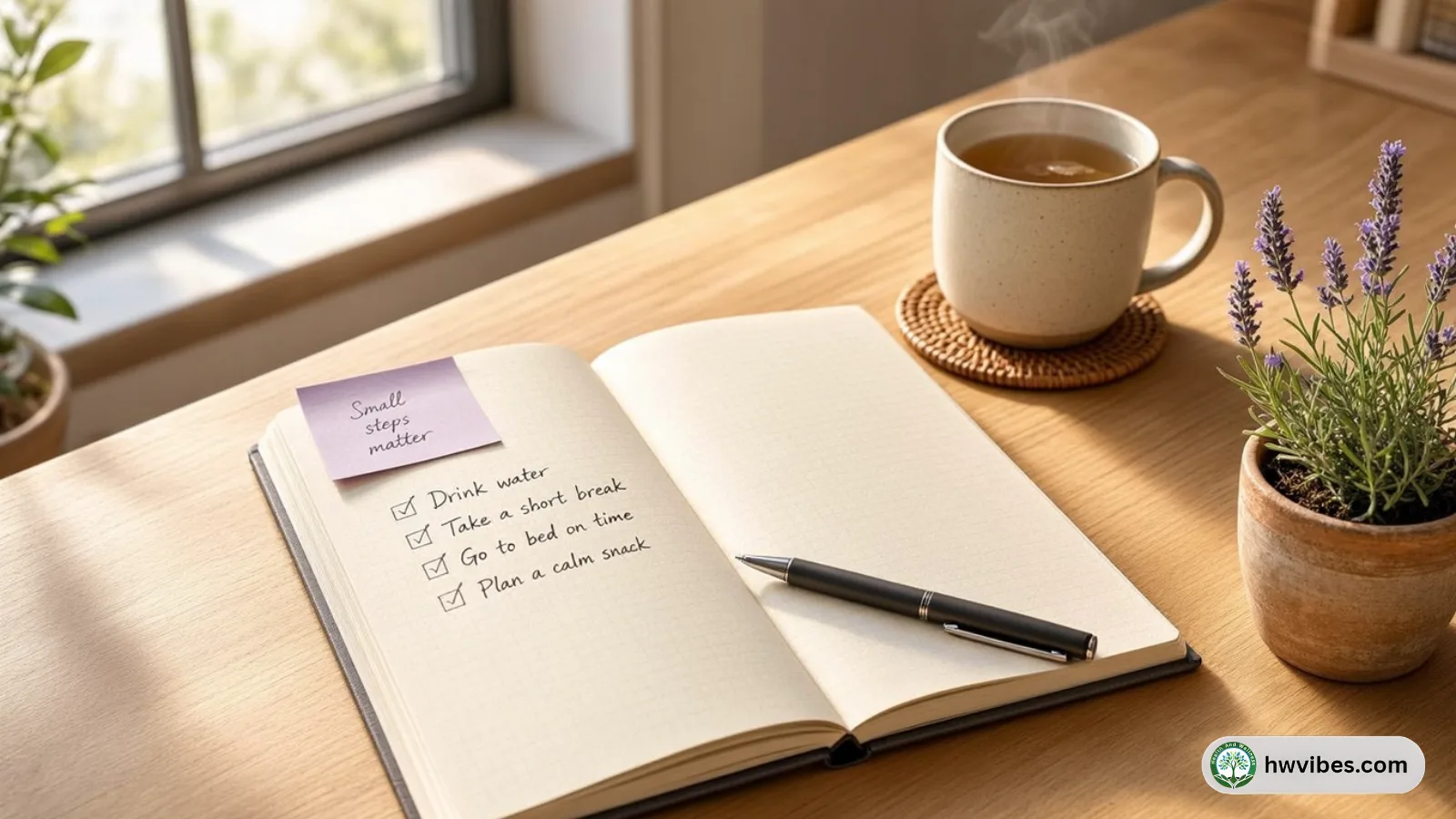 Notebook checklist with simple habit reminders like water, sleep, and breaks