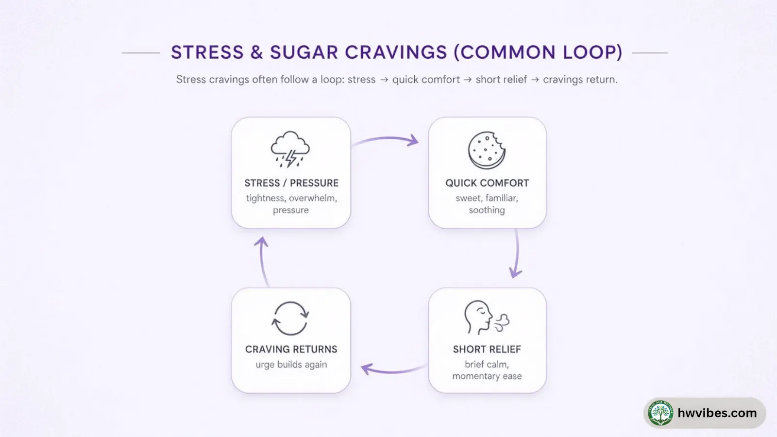 Infographic showing a stress to sugar craving loop with quick reward and habit pattern