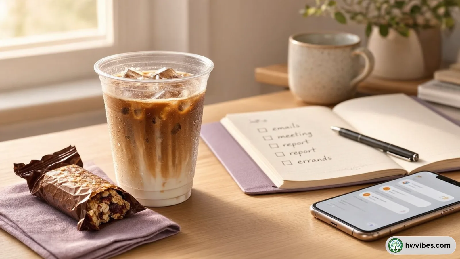 Sugary drink and snack on a desk with a phone and to-do list showing a busy day