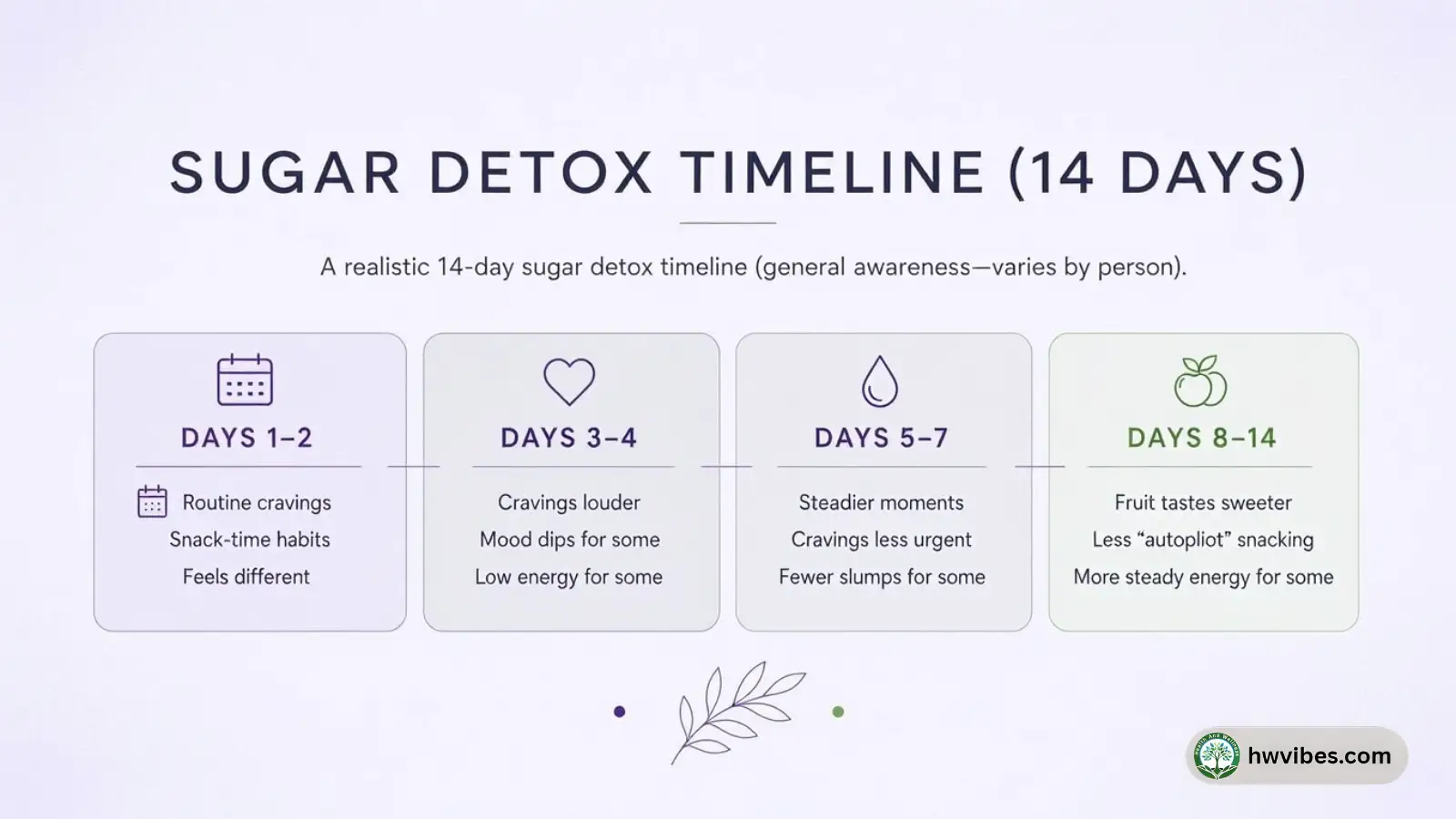 Infographic showing a calm 14-day sugar detox timeline with common experiences like cravings easing and taste changes