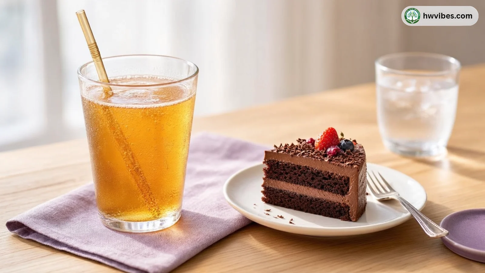 Table showing a sugary drink and a dessert to illustrate a sweet-heavy day