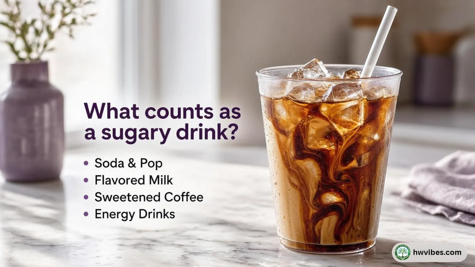 Close-up of an iced coffee drink with visible syrup and ice in a clear cup