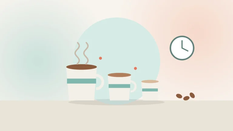 Illustration of three coffee cups getting smaller, a clock and coffee beans, showing gradual caffeine reduction