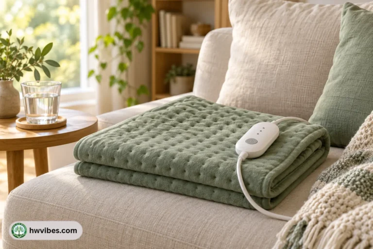 Folded electric heating pad on a sofa beside a glass of water