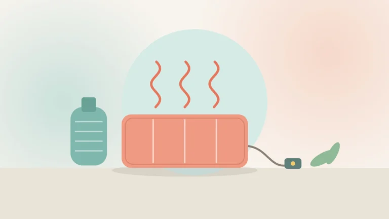 Illustration of an electric heating pad giving off warmth next to a hot-water bottle