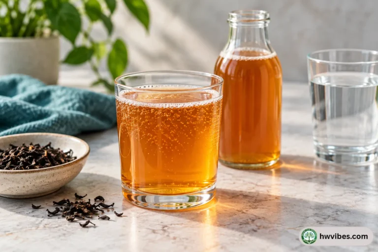 Glass of amber kombucha with a bottle, black tea leaves, and water