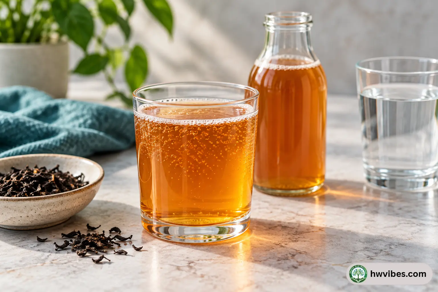 Glass of amber kombucha with a bottle, black tea leaves, and water