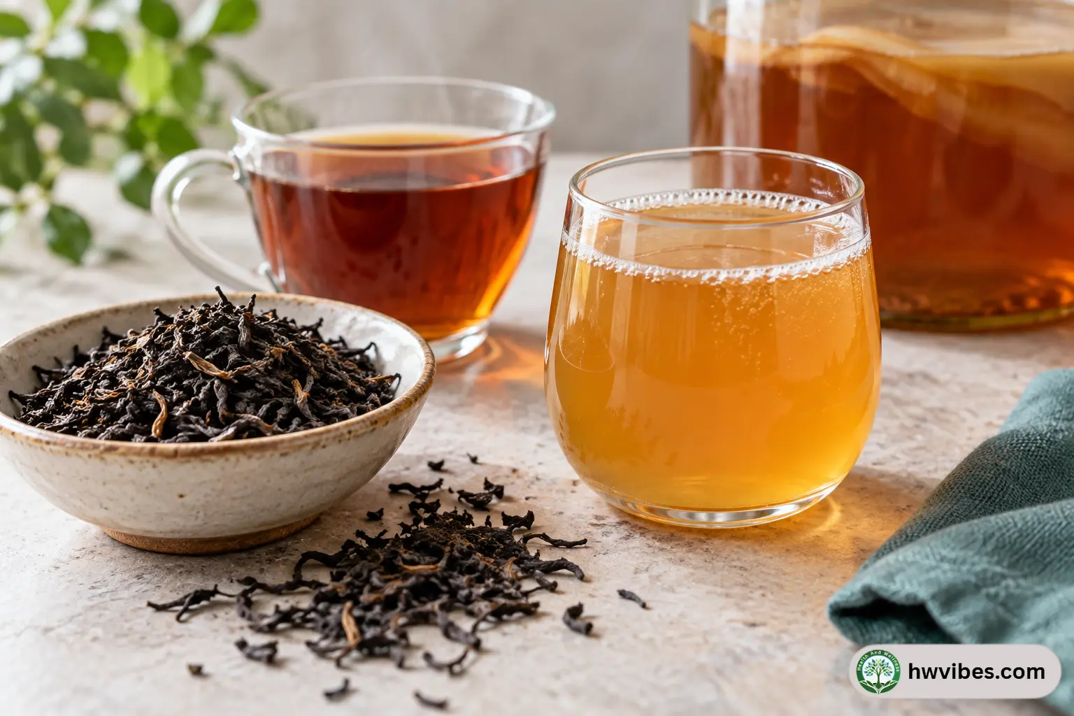Black tea leaves alongside brewed tea and a small glass of kombucha