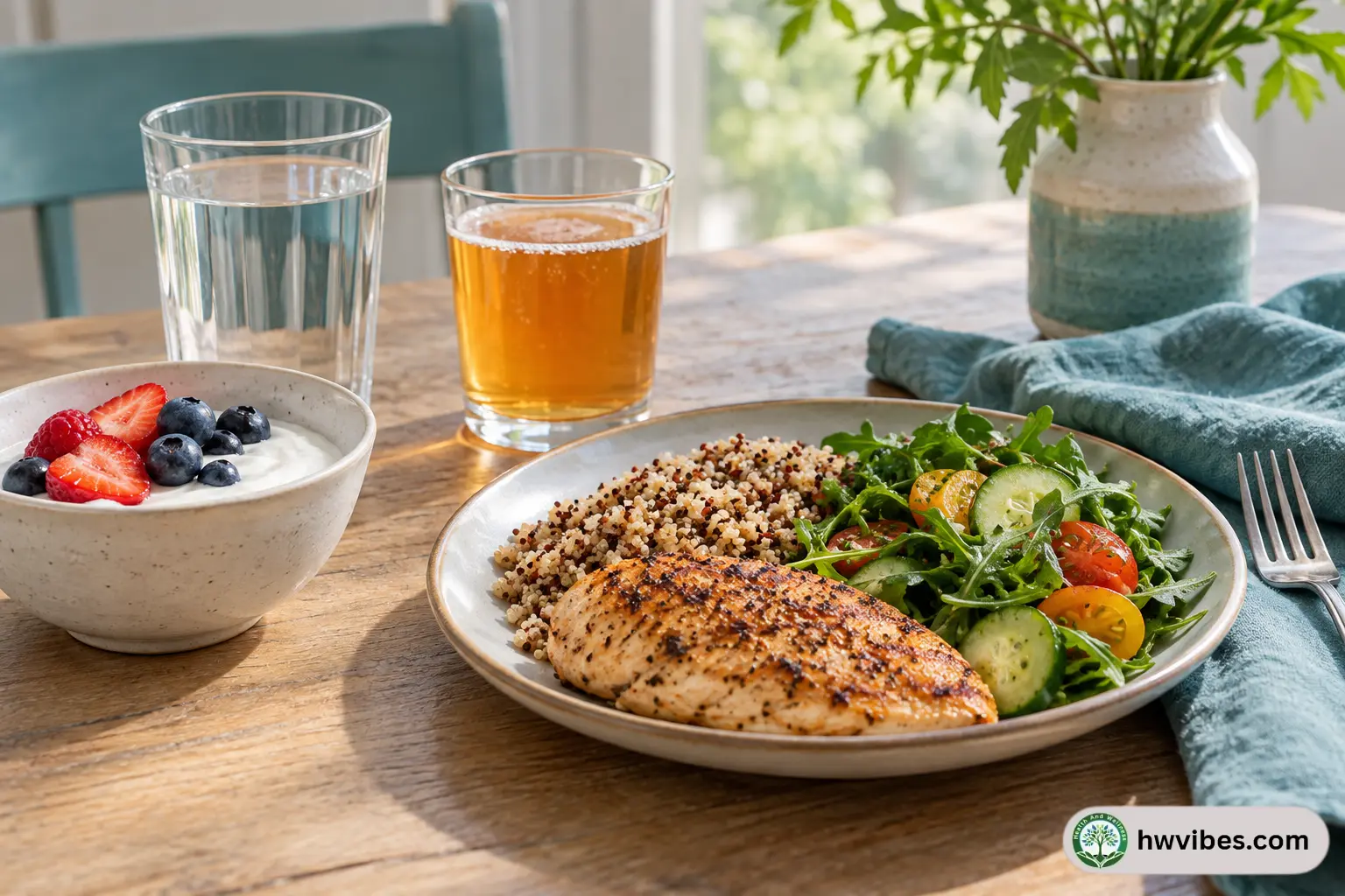 Meal with yogurt, water, and a small glass of kombucha on a table